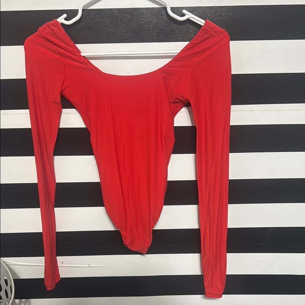 Aerie Red Asymmetrical Long Sleeve Bodysuit